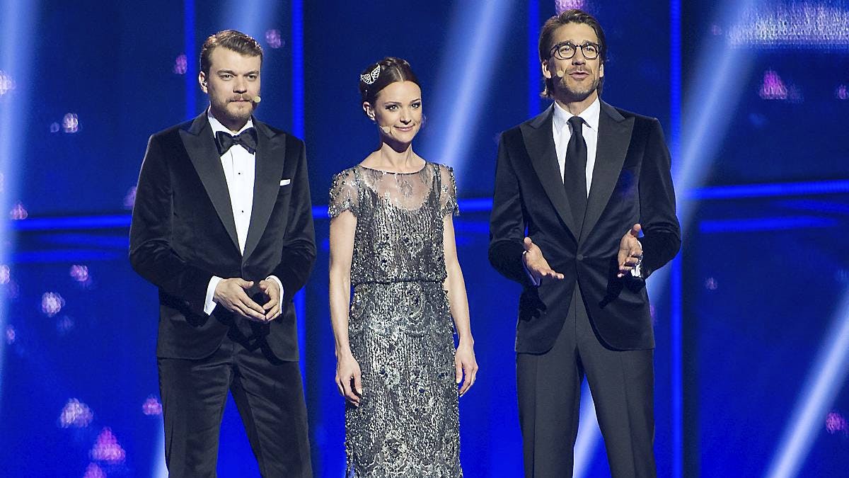 Pilou Asbæk, Lise Rønne og Nikolaj Koppel ved generalprøven på Eurovision-finalen fredag 9. maj.