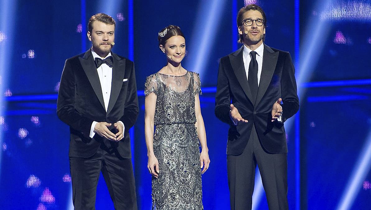 Pilou Asbæk, Lise Rønne og Nikolaj Koppel ved generalprøven på Eurovision-finalen fredag 9. maj.