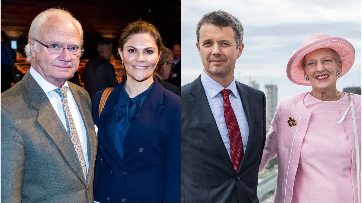 Foto-montage med kong Carl Gustaf og kronprinsesse Victoria samt kronprins Frederik og dronning Margrethe.&nbsp;