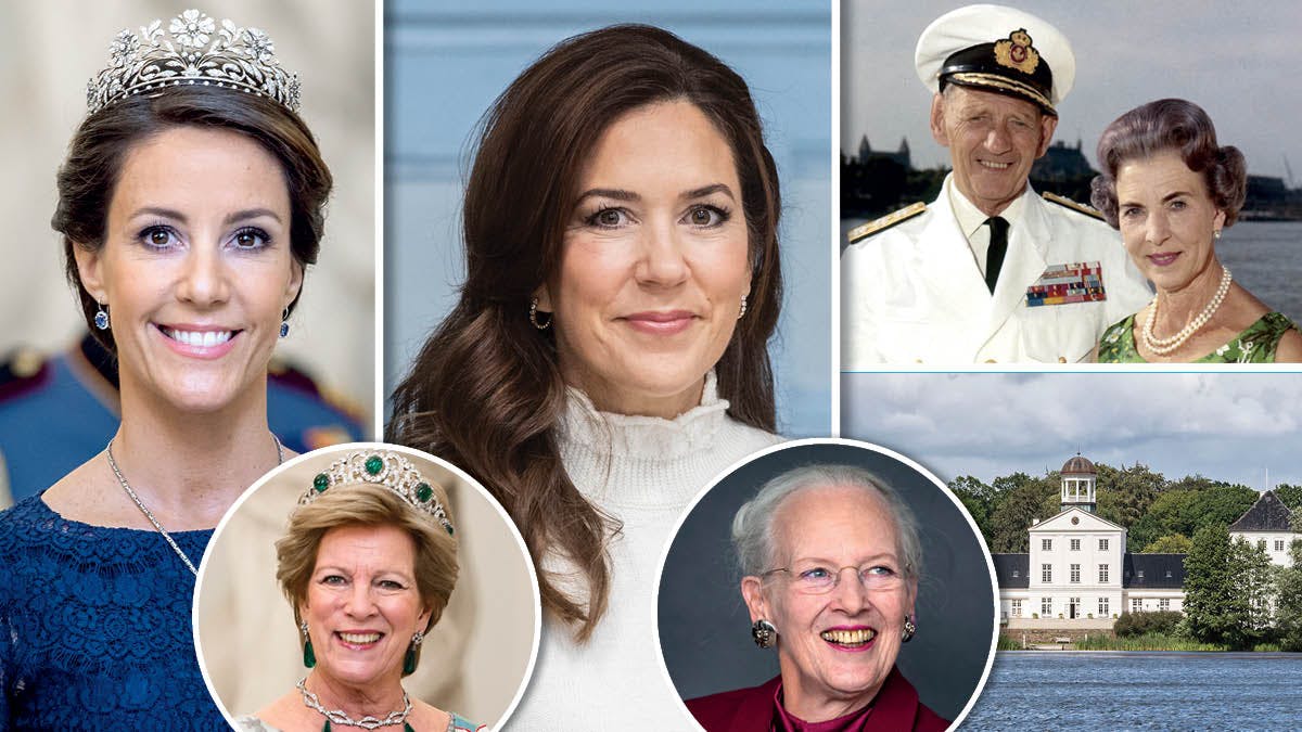 Prinsesse Marie, kronprinsesse Mary, kong Frederik, dronning Ingrid, dronning Anne-Marie, dronning Margrethe og Gråsten Slot.