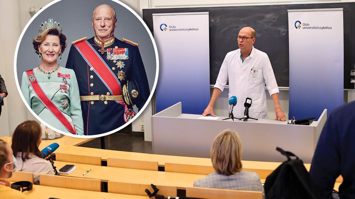 Livlæge Bjørn Bendz ved pressemødet. Indsat: Dronning Sonja og kong Harald. 