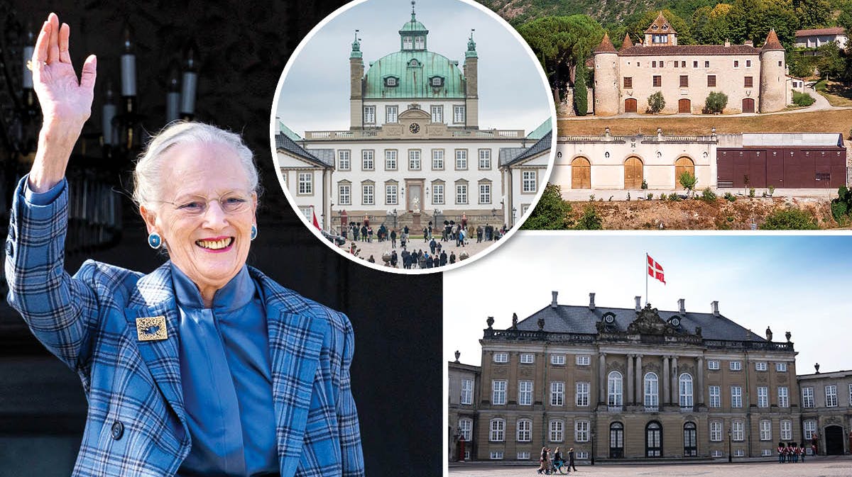 Fotomontage: Dronning Margrethe, Fredensborg Slot, Château de Cayx og Amalienborg Slot. 