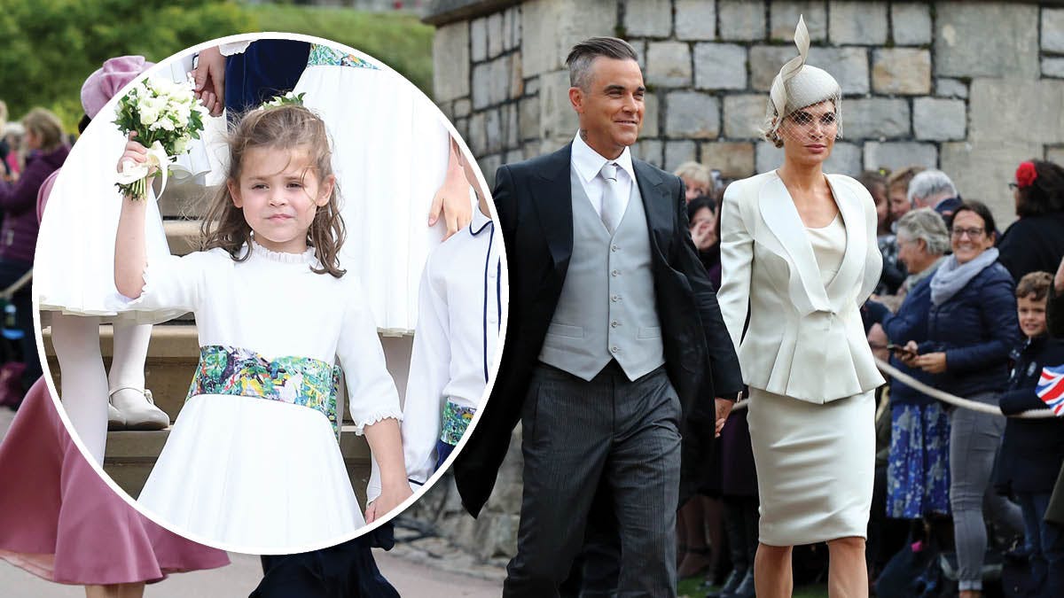 Fotomontage: Robbie Williams og hustruen Ayda Field. Indsat: Datteren Theodora, kaldet Teddy.
