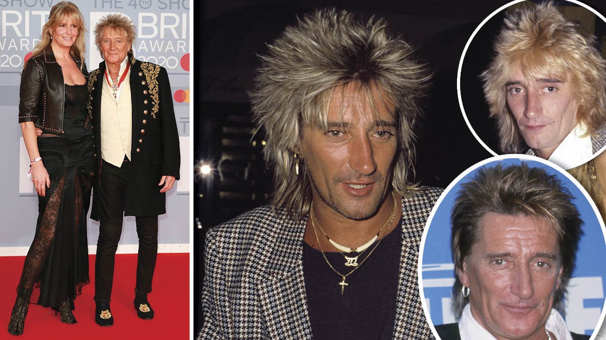 Rod Stewart og hustruen Penny Lancaster i februar 2020. Indsat: Rod Stewart i 1980'erne og i 2001.