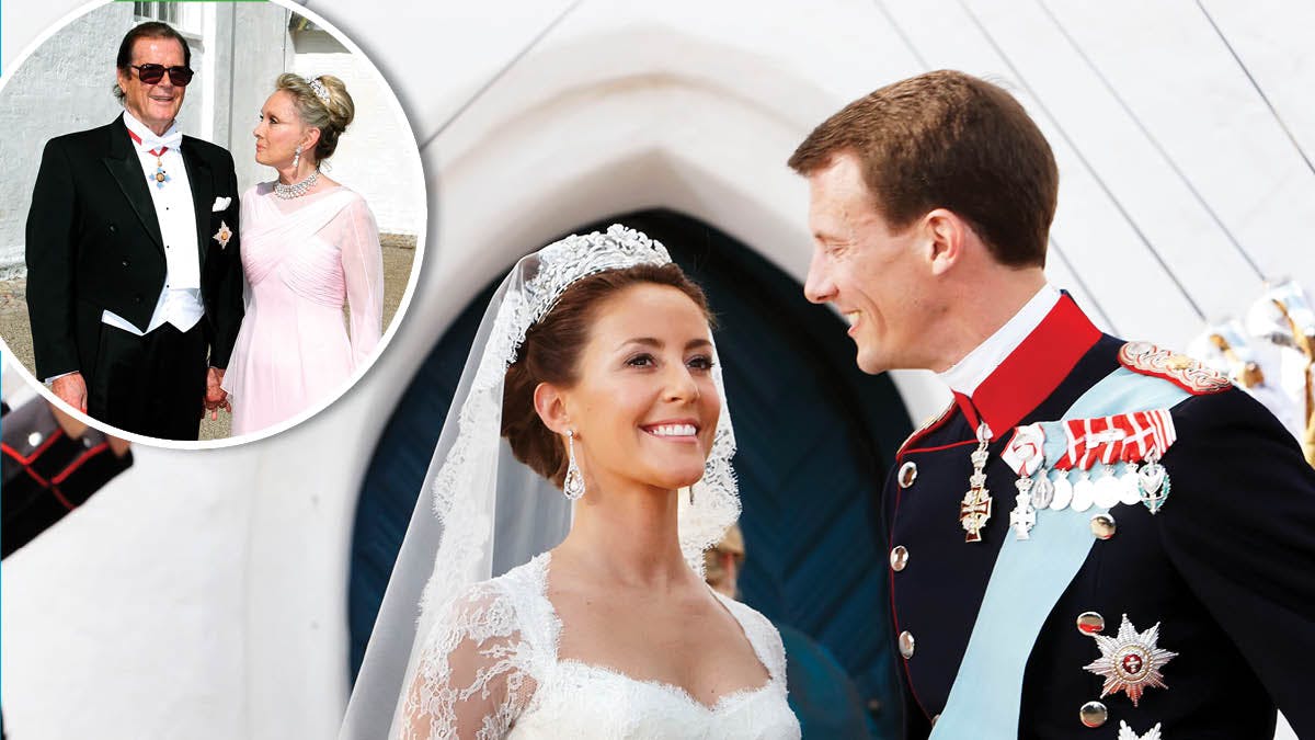 Prins Joachim og prinsesse Marie ved deres bryllup. Indsat: Roger Moore med hustruen Kiki Tholstrup.&nbsp;