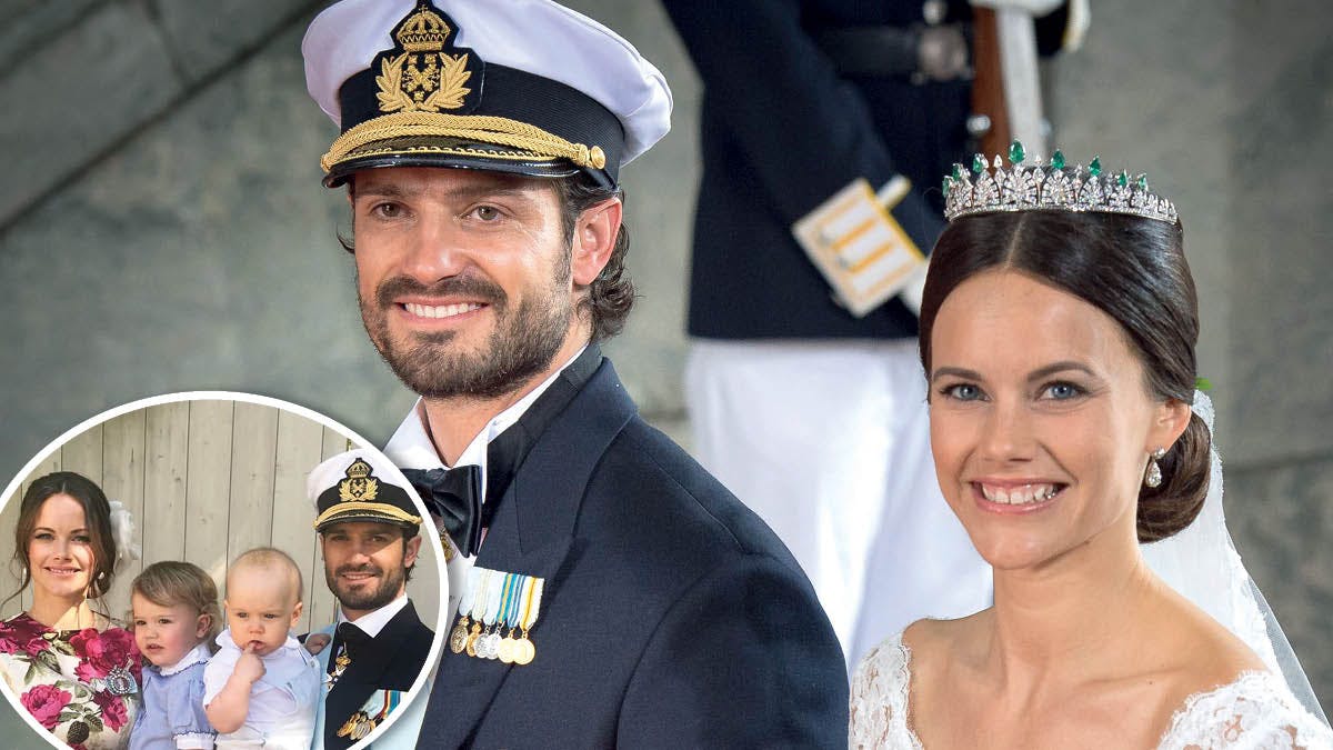 Fotomontage: Prins Carl Philip og prinsesse Sofia på deres bryllupsdag. Indsat; prins Carl Philip og prinsesse Sofia med deres sønner, prins Alexander og prins Gabriel.