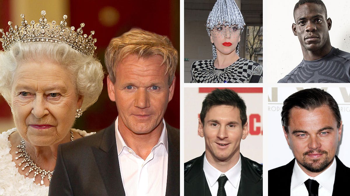Dronning Elizabeth, Gordon Ramsey, Leonardo Dicaprio, Lionel Messi, Lady Gaga, og Usain Bolt.