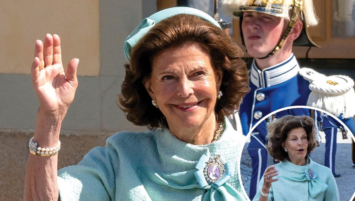 Dronning Silvia før og efter vinden tog fat. 
