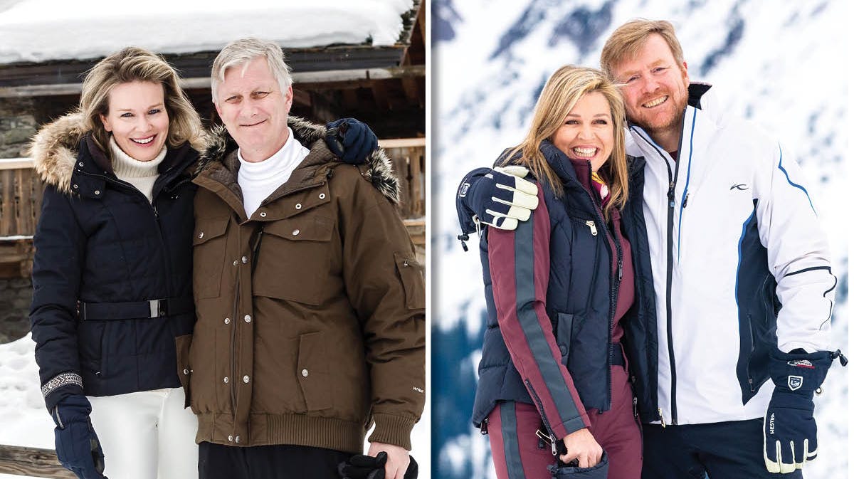 Dronning Mathilde og kong Philippe på skiferie i Verbier i 2016, mens det hollandske kongepar ses i Lech i Østrig i februar 2020.&nbsp;