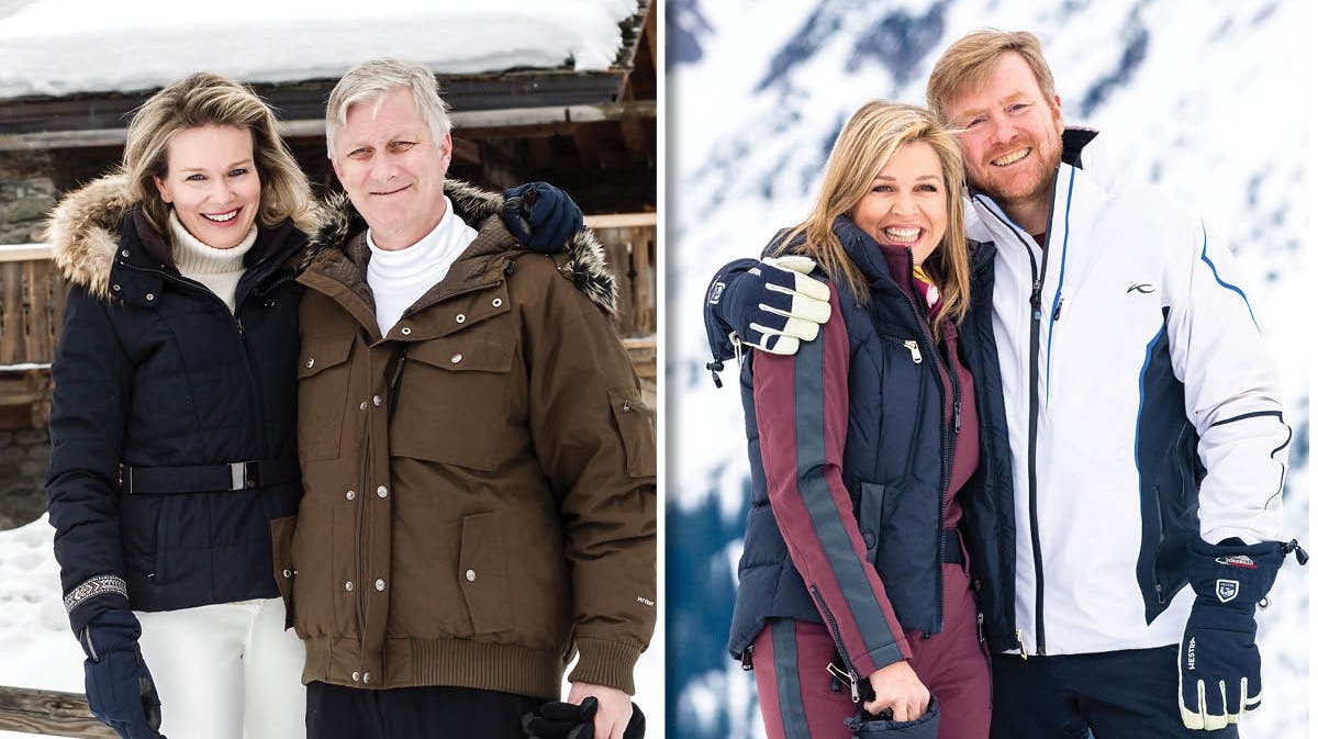 Dronning Mathilde og kong Philippe på skiferie i Verbier i 2016, mens det hollandske kongepar ses i Lech i Østrig i februar 2020. 