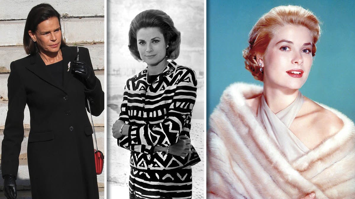 Prinsesse Stéphanie i 2019, fyrstinde Grace af Monaco i 1968 og Grace Kelly i 1950'erne. 