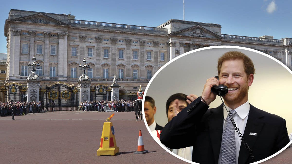 Buckingham Palace. Indsat: Prins Harry taler i telefon.