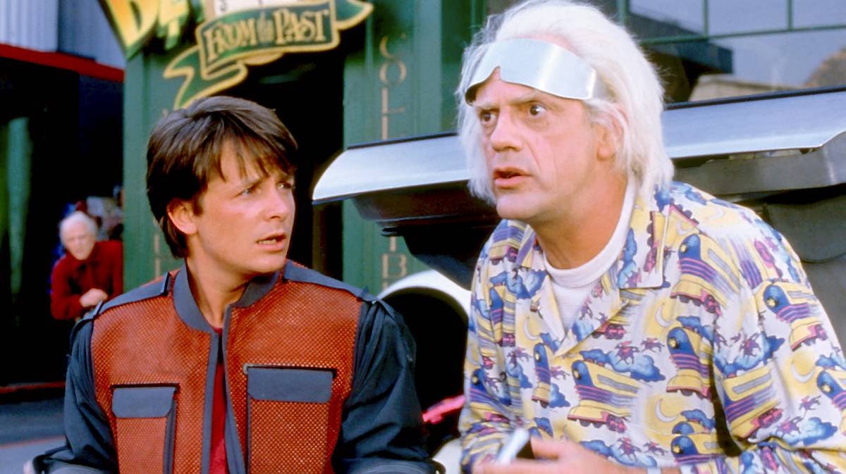 Michael J. Fox og Christopher Lloyd i "Tilbage til fremtiden II" fra 1989.
