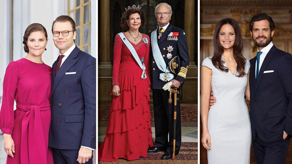Kronprinsesse Victoria, prins Daniel, dronning Silvia, kong Carl Gustaf, prinsesse Sofia og prins Carl Philip.