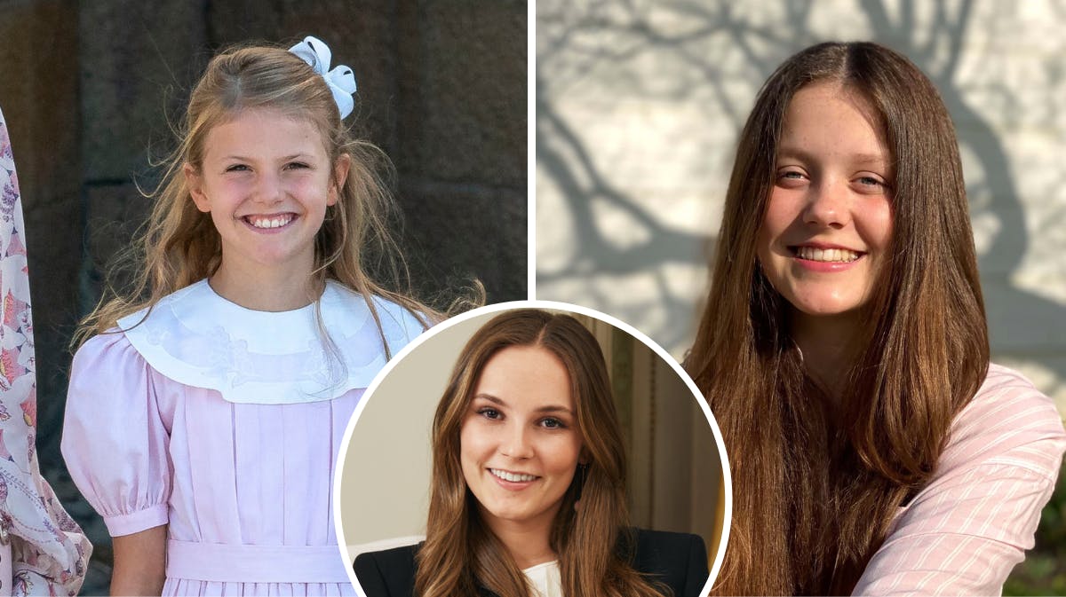 Fotomontage med prinsesse Estelle til prins Julians dåb i august 2021, et officielt billede af prinsesse Isabella fra hendes 14-års fødselsdag og det nye officielle billede af Ingrid Alexandra fra hendes 18-års fødselsdag. 