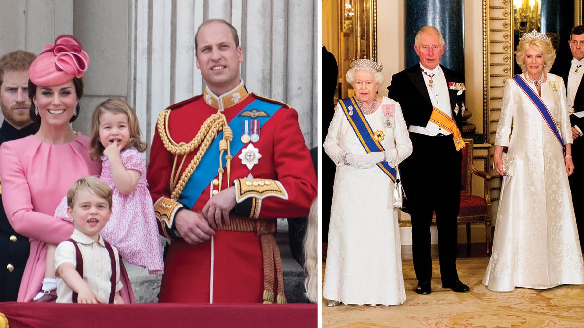 Hertuginde Catherine og prins William med børnene prins George og prinsesse Charlotte. Dronning Elizabeth, prins Charles og hertuginde Camilla.