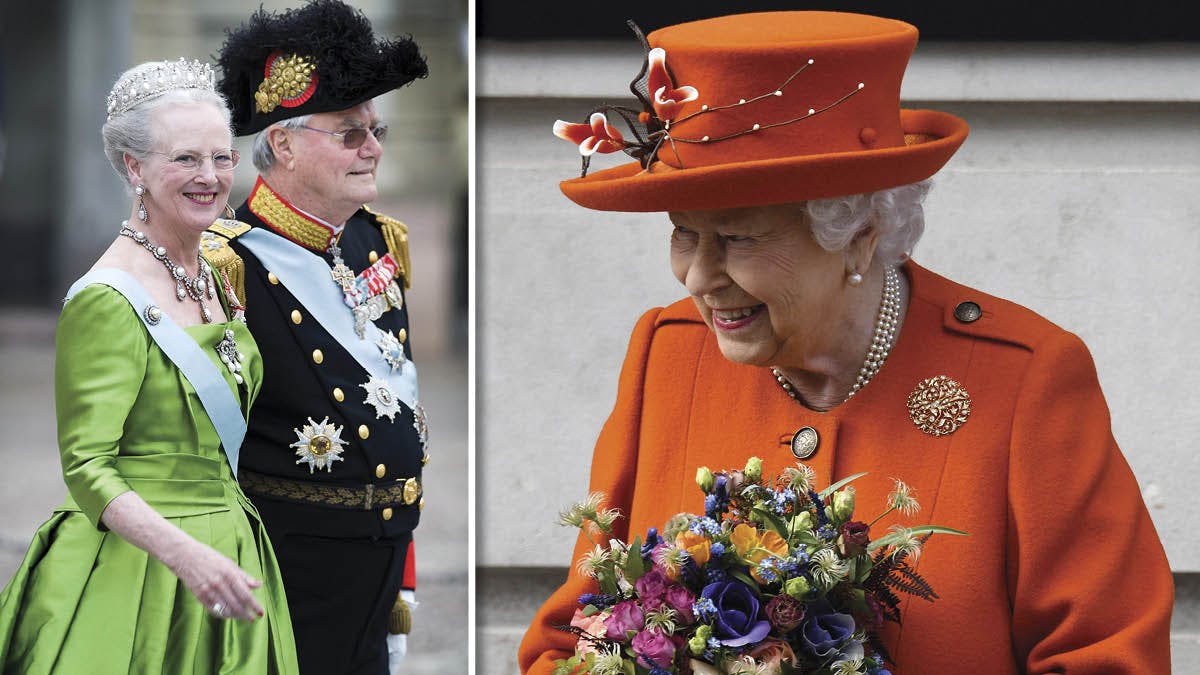 Dronning Margrethe og prins Henrik i 2010. Indsat: Dronning Elizabeth i 2019.