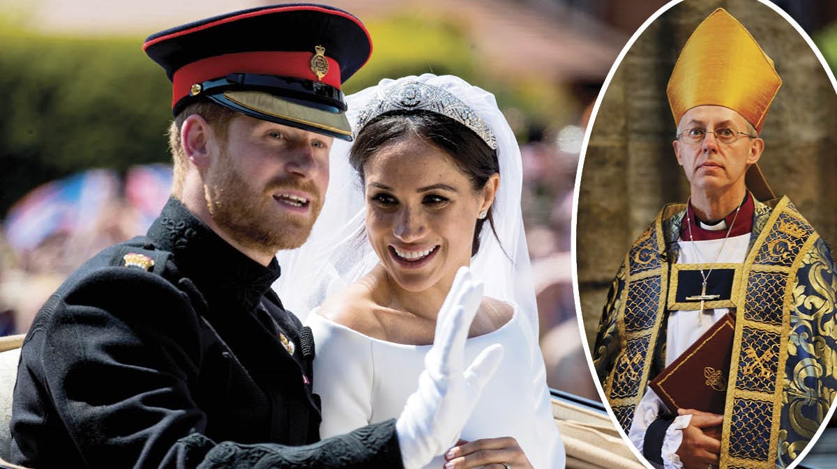 Prins Harry og hertuginde Meghan. Indsat: Ærkebiskop Justin Welby.