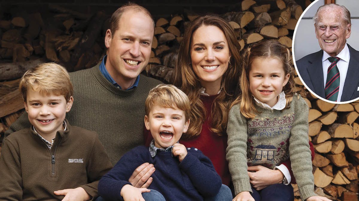 Prins William og hertuginde Catherine med deres børn, prins George, prinsesse Charlotte og prins Louis. Indsat: Prins Philip.