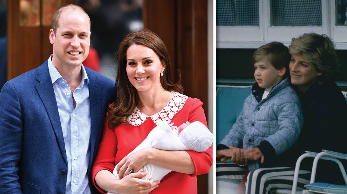 Prins William og hertuginde Catherine med lille nyfødte prins Louis. Til højre ses prinsesse Diana med lille prins William. 