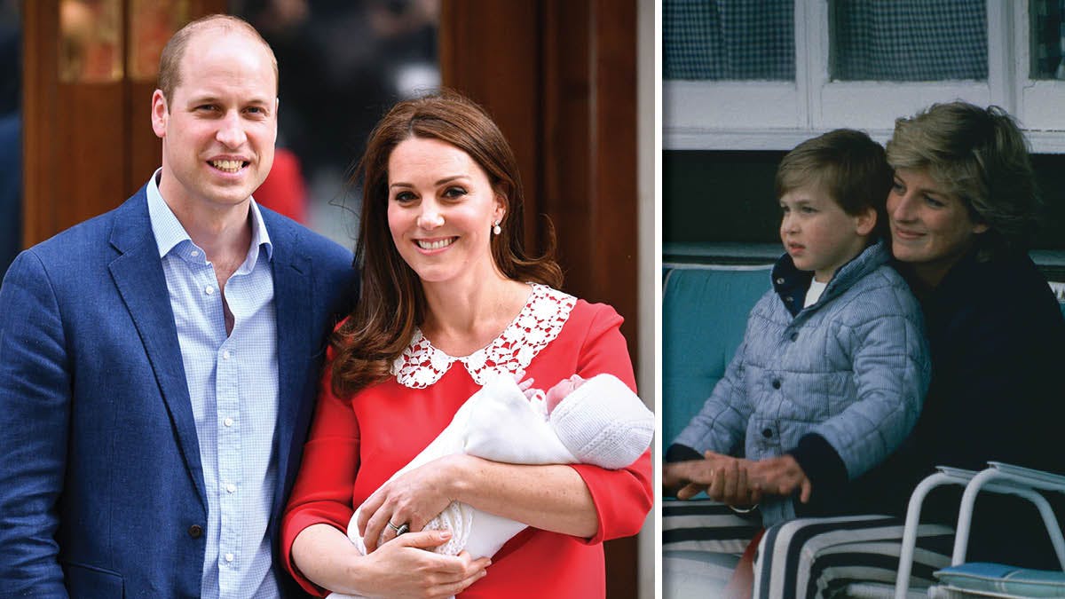 Prins William og hertuginde Catherine med lille nyfødte prins Louis. Til højre ses prinsesse Diana med lille prins William.&nbsp;