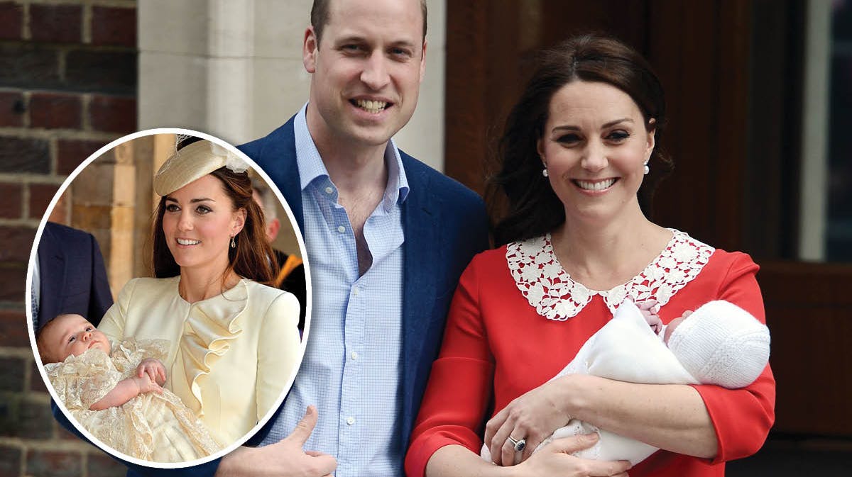 Fotomontage: Prins William og hertuginde Catherine med lille prins Louis. Indsat; Hertuginde Catherine og dåbsbarnet prins George.