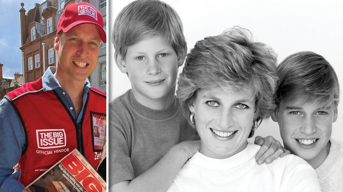 Prins William som Big Issue-sælger. Prinsesse Diana med sønnerne, William og Harry, fotograferet i 1995.