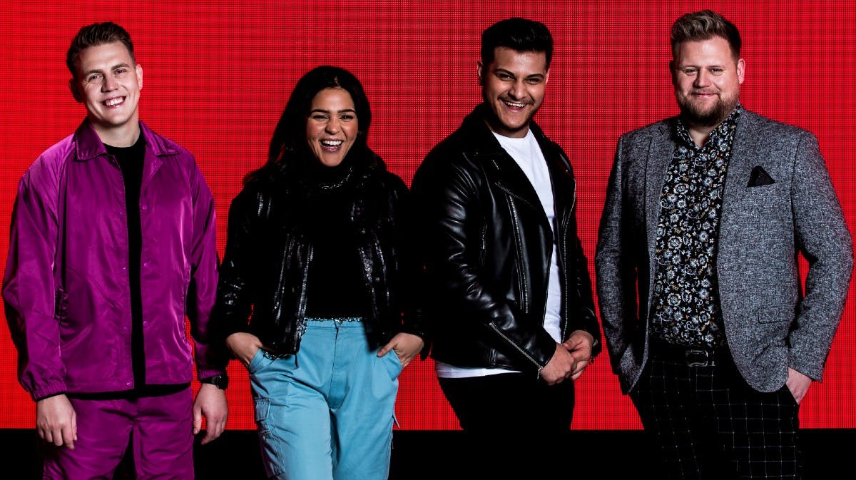 Martin Jensen med deltagerne Hiba, Vilson Ferati og Dan Laursen i "X Factor" 2021.