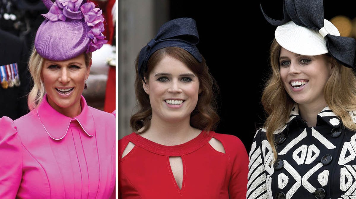 Fotomontage: Zara Tindall, prinsesse Eugenie og prinsesse Beatrice. 