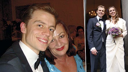 Stort billede: Den stolte mor, Ulla Jensen, med gommen Johan. Til højre: Det lykkeligt brudepar der nu begge hedder Lewin Jessen.