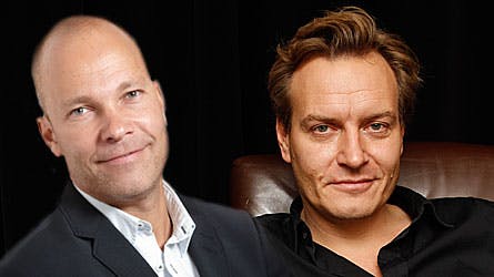 Jesper Steinmetz og Rasmus Tantholdt fik en ny chance i "Hvem vil være millionær", efter at være "dumpet" ved tredje spørgsmål i første omgang. (Sammensat billede)