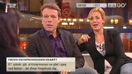 Mikkel Beha Erichsen og Katrine Hertz Mortensen er forbløffede over BILLED-BLADETs Trine Larsens pludselige afsløring.