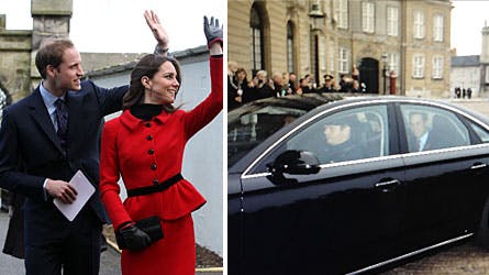 Indsat billede til højre: Hertugparret William og Catherine ankommer i bilen til Amalienborg.