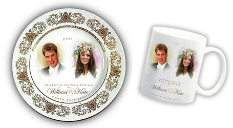 Det populære royale kærestepar prins William og Kate Middleton, ses her afbilledet på en tallerken og et krus.