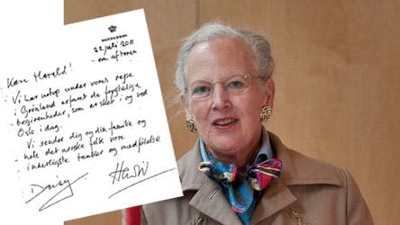 Dronning Margrethe valgte at sende kong Harald et håndskrevet brev fra Dannebrog i Grønland. (Fotomontage)