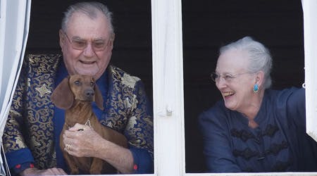 Prins Henrik og dronning Margrethe på dronningens fødselsdag. Gravhunden er naturligvis med.