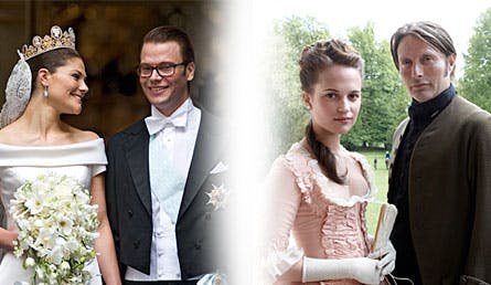 Kronprinsesse Victoria strålede lykkelig på sin bryllupsdag med prins Daniel den 19. juni 2010, og Mads Mikkelsen som Struensee og Alicia Vikander som Caroline Mathilde i Filmen ?En kongelig affære?.