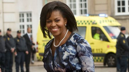 Michelle Obama var i 2009 i København i forbindelse med IOC-topmøde. Her er hun på vej til frokost med regentparret på Amalienborg