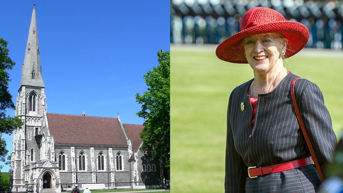 Dronning Margrethe og St. Alban?s Church der ligger i Churchillparken i København mellem Kastellet, Gefionspringvandet og Frihedsmuseet.