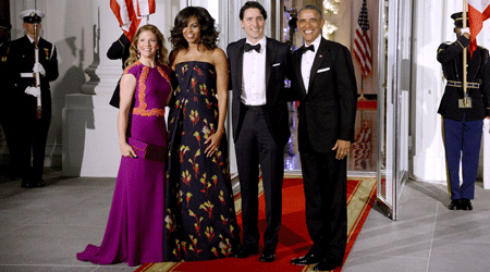 Sophie Trudeau, Michelle Obama, Justin Trudeau og Barack Obama.