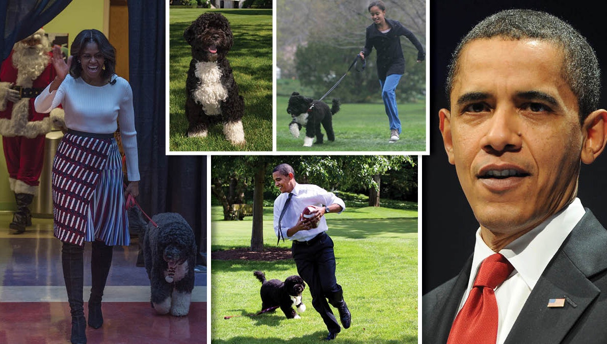 Familien Obama med hunden Bo.
