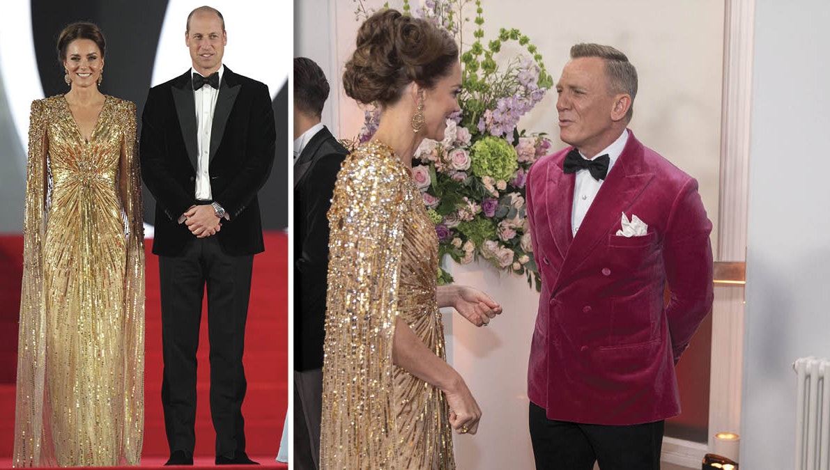 Hertuginde Catherine og prins William møder James Bond-stjernen Daniel Craig ved premieren på &quot;No Time to Die&quot;.&nbsp;