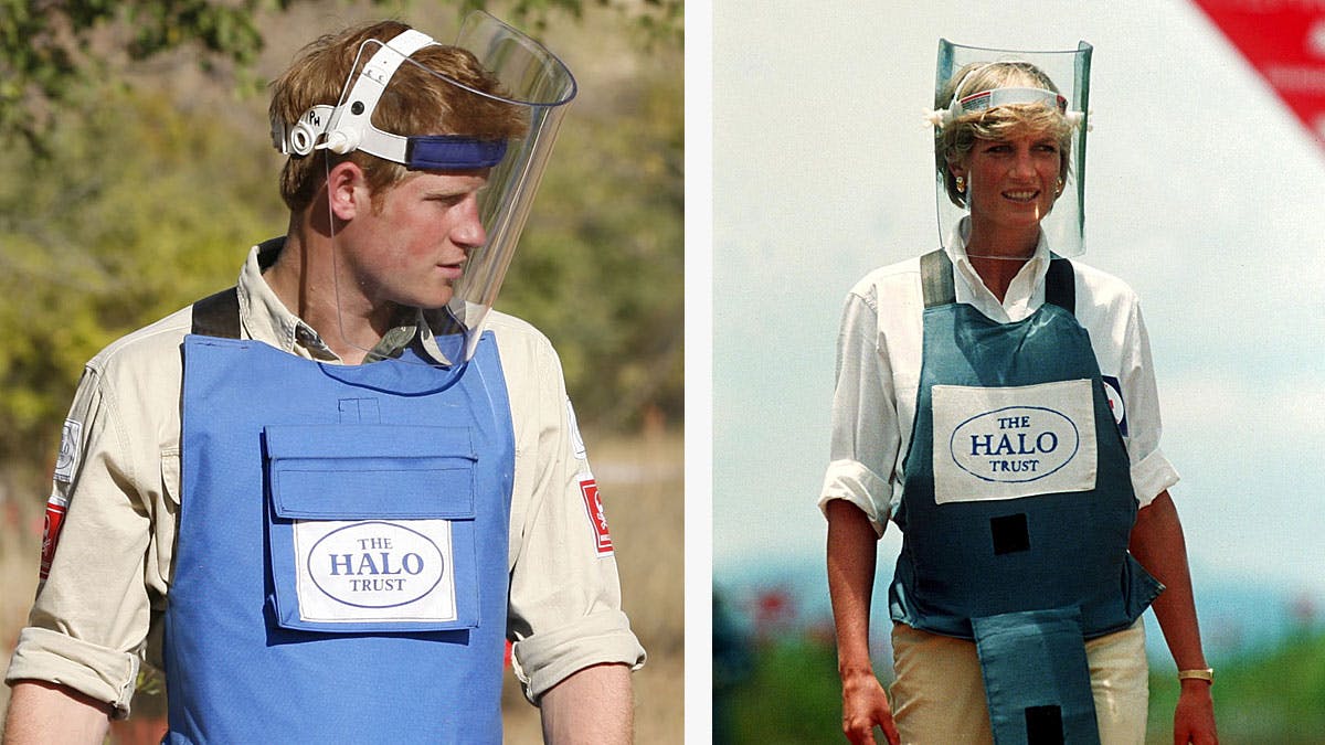 Prins Harry går i sin mors fodspor - to billeder af samme sag - Harry og prinsesse Diana i The Halo Trusts tjeneste.