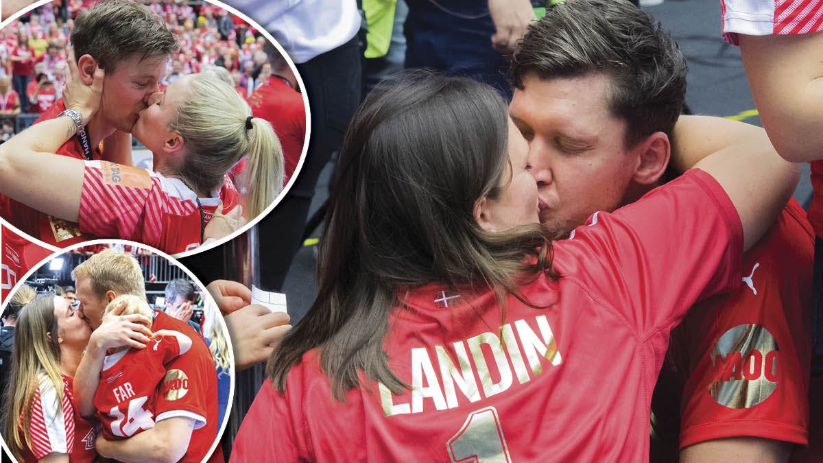 Der var kys og kram i den danske landsholdlejr til VM i 2019. Lasse Svan, Anders Zachariassen og Niklas Landin bliver lykønsket af deres kærester og børn.