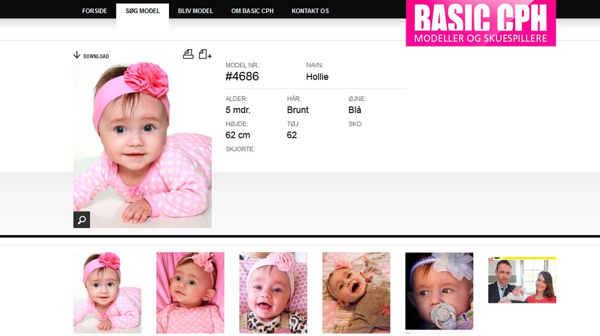 Sådan optræder lille Hollie Nolia Vang på modelbureauets hjemmeside.