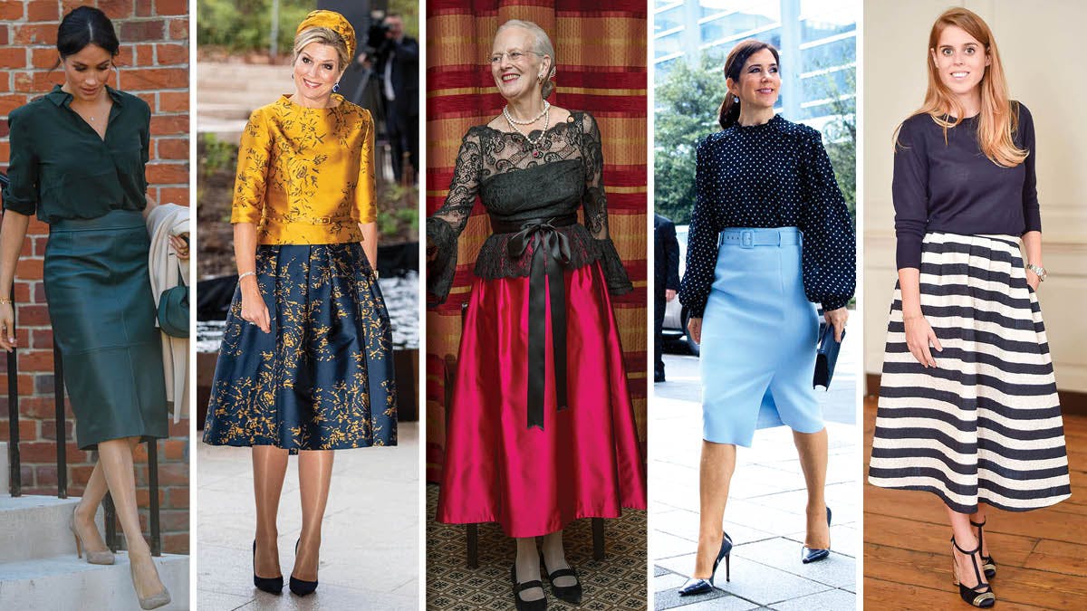 Fotomontage. Hertuginde Meghan, dronning Maxima, dronning Margrethe, kronprinsesse Mary og prinsesse Beatrice.