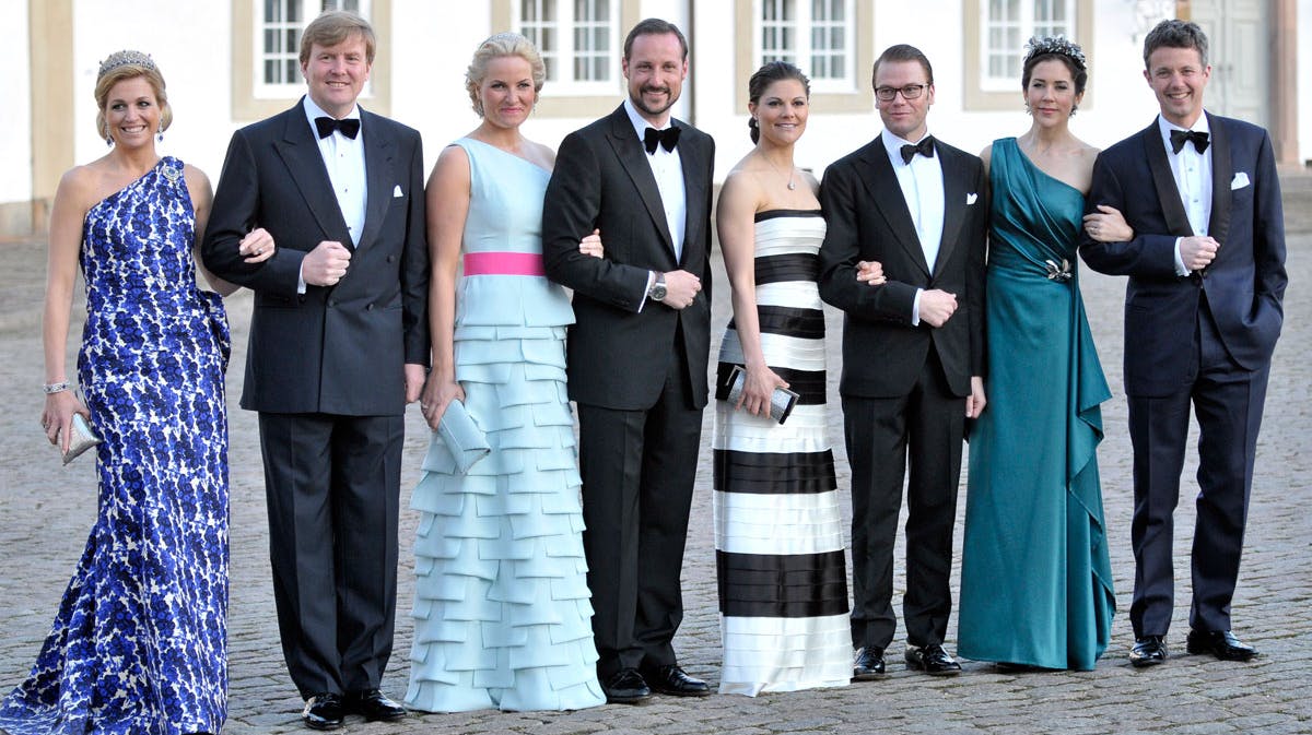 Kronprins Willem-Alexander, kronprinsesse Maxima, kronprinsesse Mette-Marit, kronprins Haakon, kronprinsesse Victoria, prins Daniel, kronprinsesse Mary og kronprins Frederik.